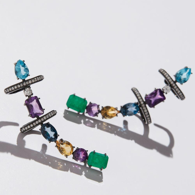 Brinco Ear Cuff Colors Grande em Ouro Negro e Pedras Brasileiras
